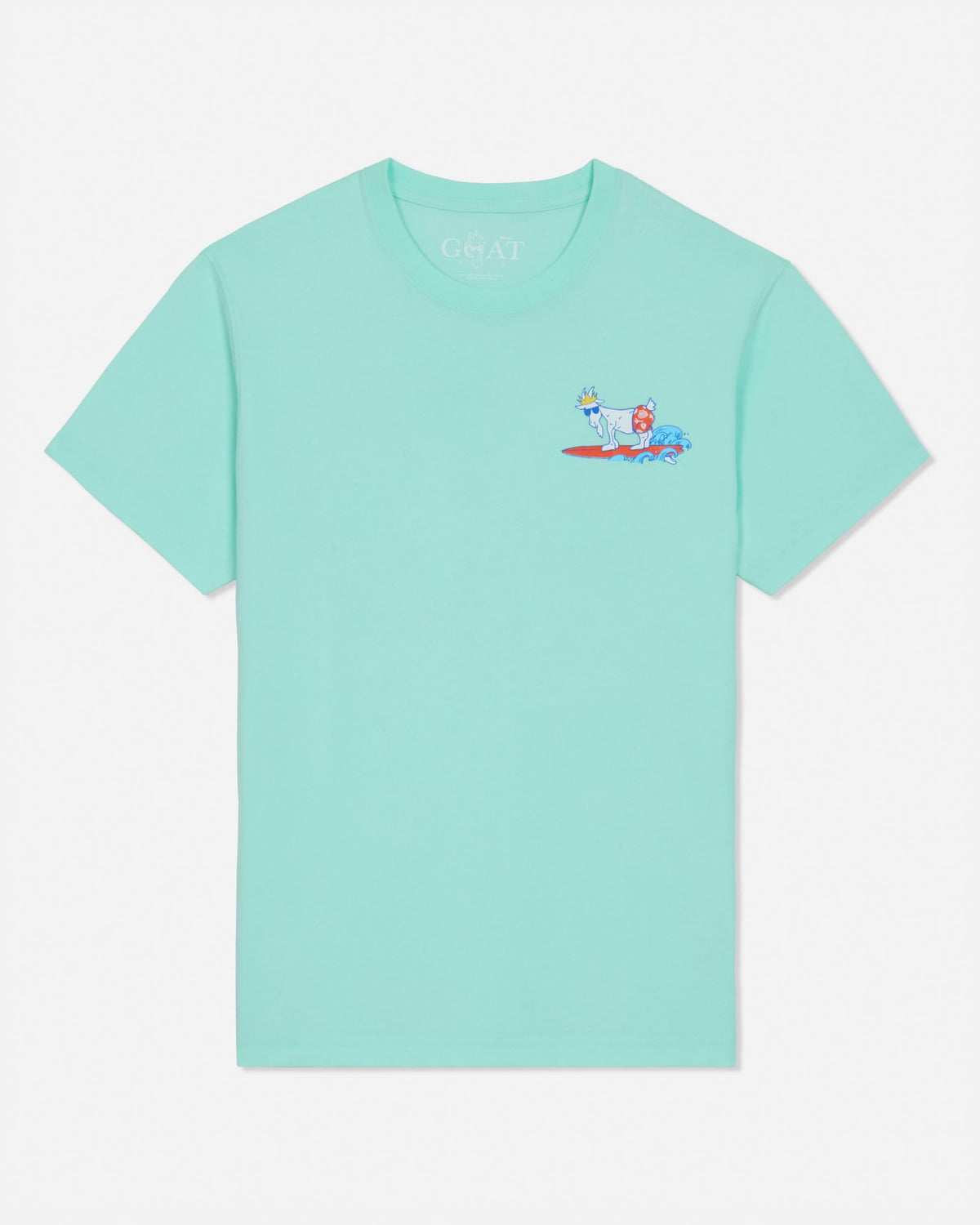 Mint t-shirt with a small graphic on a light gray background