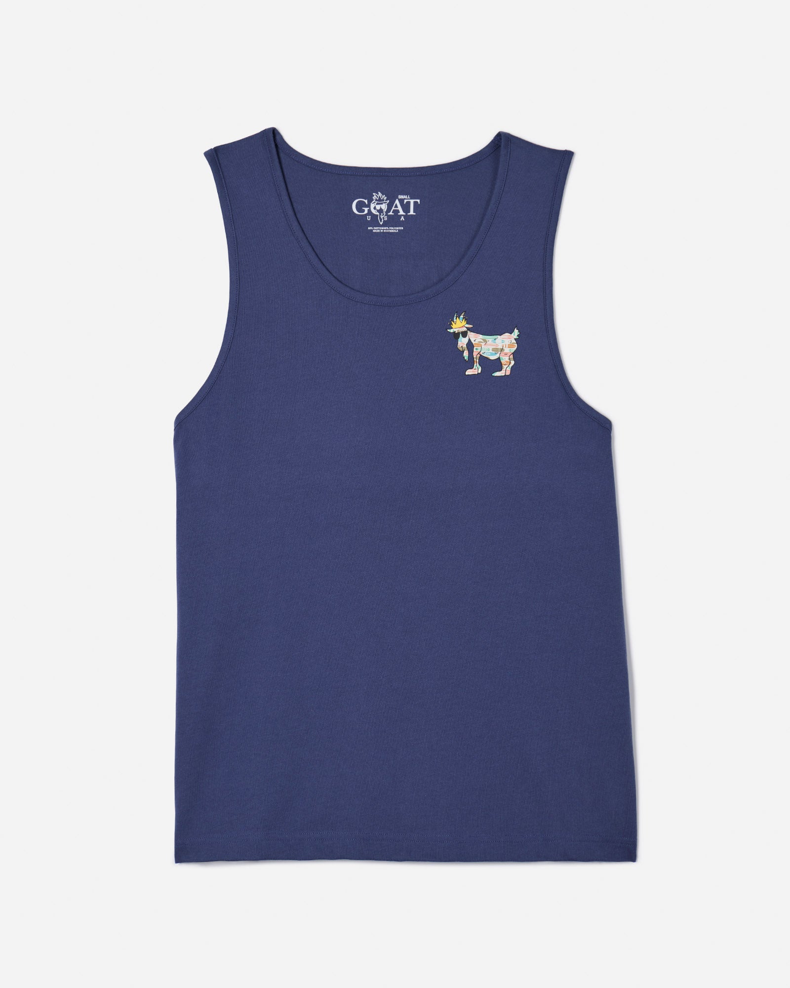 Front of navy tank top with surfboard goat left-chest logo