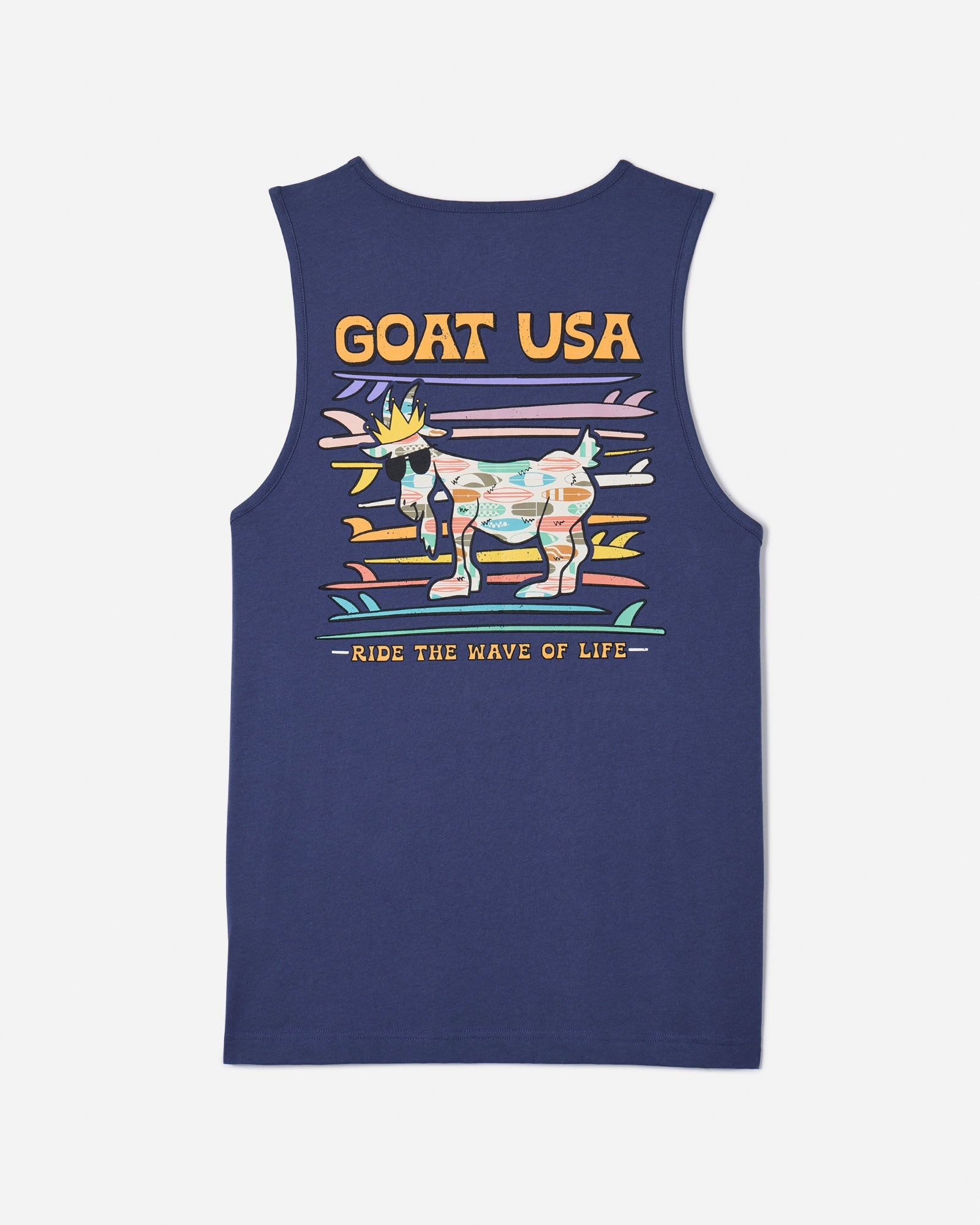 Back of navy tank top with surfboard and goat design
