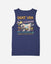 Back of navy tank top with surfboard and goat design