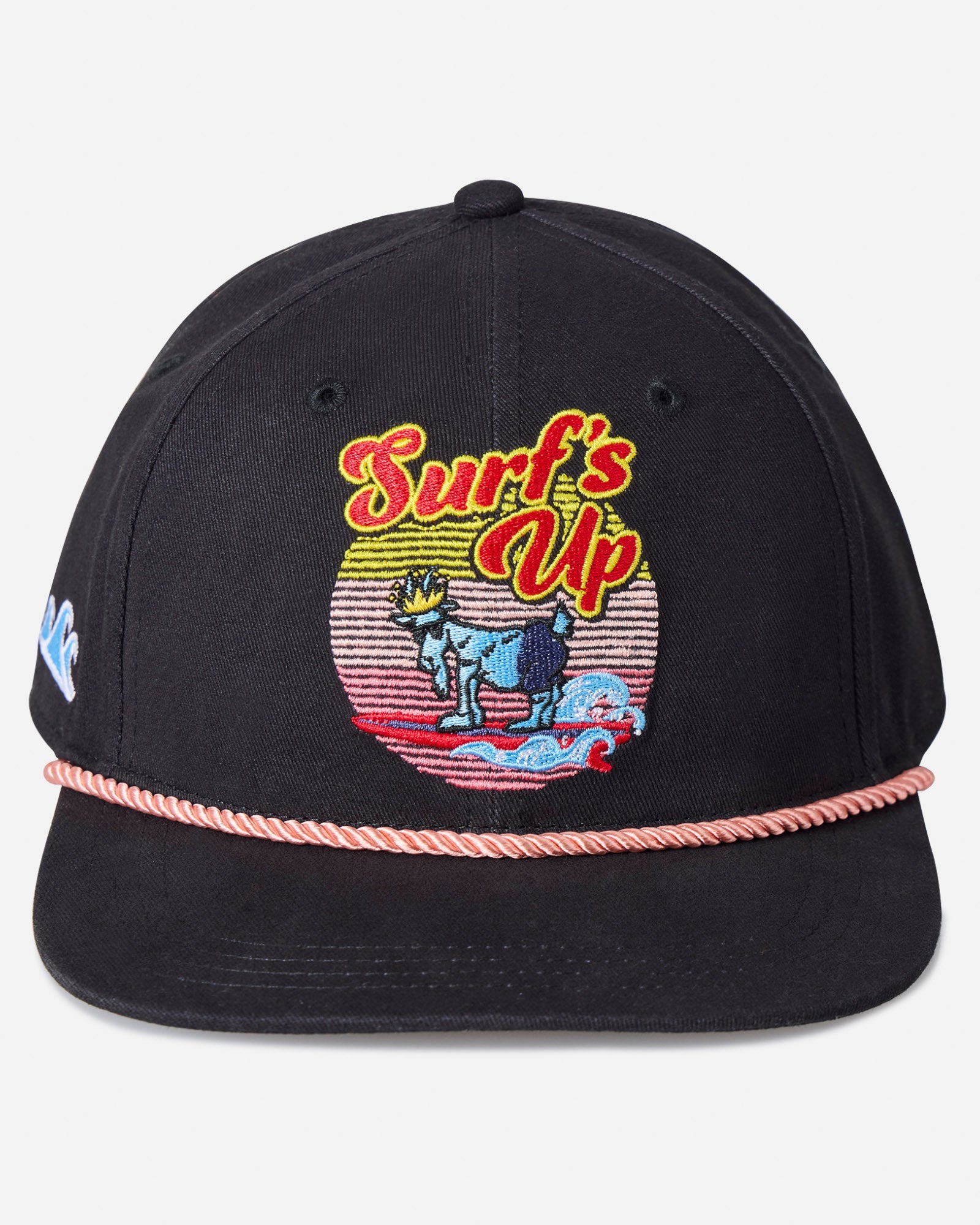 Head-on shot of black hat with a surfing goat graphic