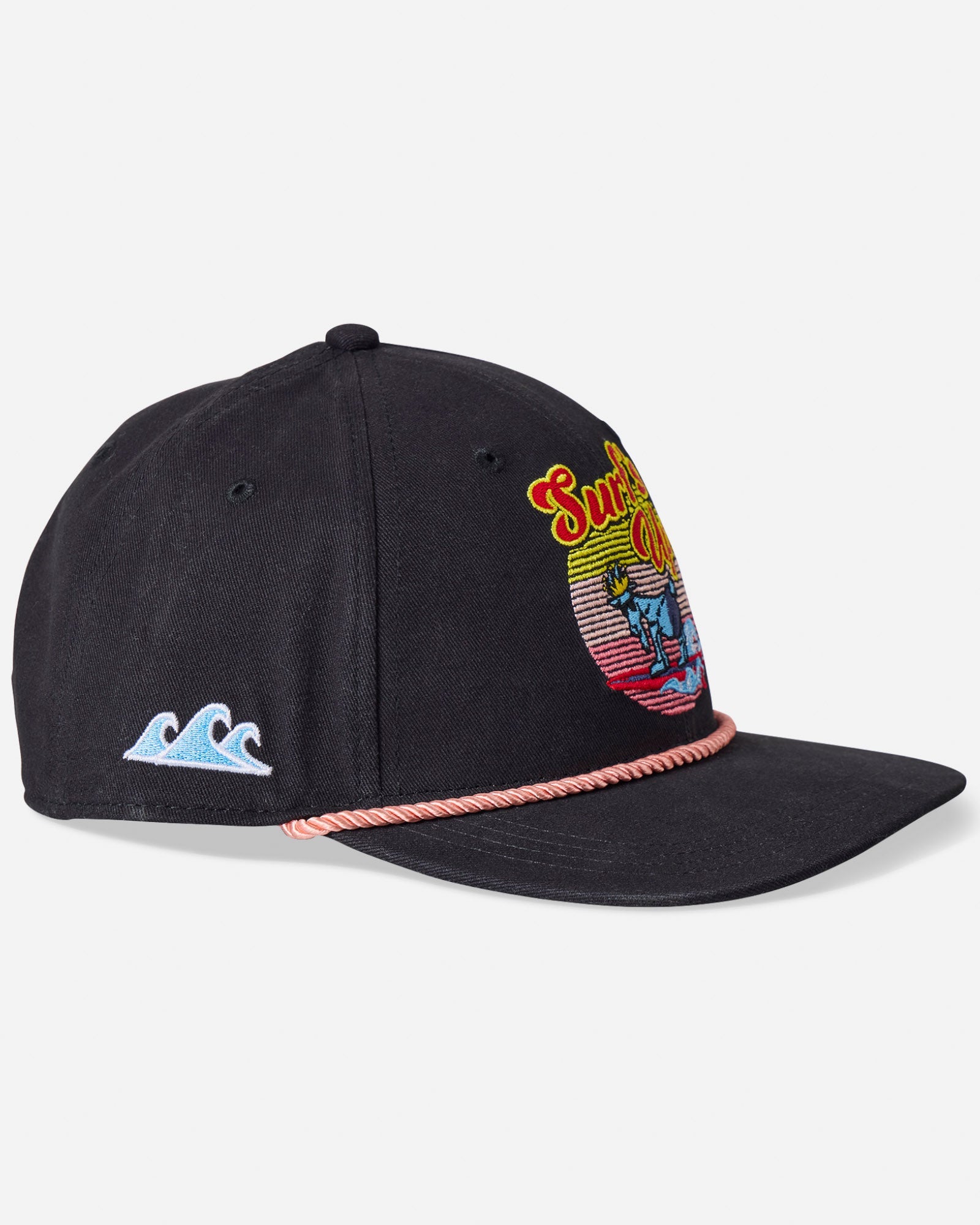 Angled view of black hat and ocean wave patch