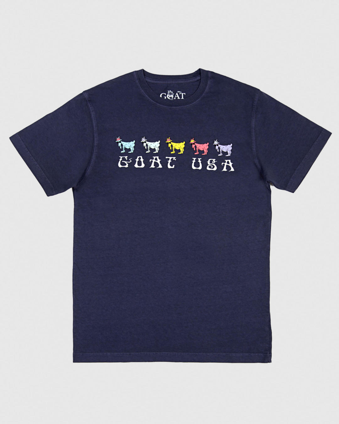 Frontside of navy t-shirt with different colored goats
