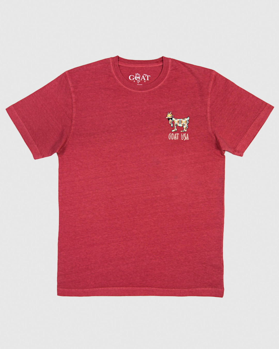 Frontside of crimson red shirt with sedona inspired goat on left chest