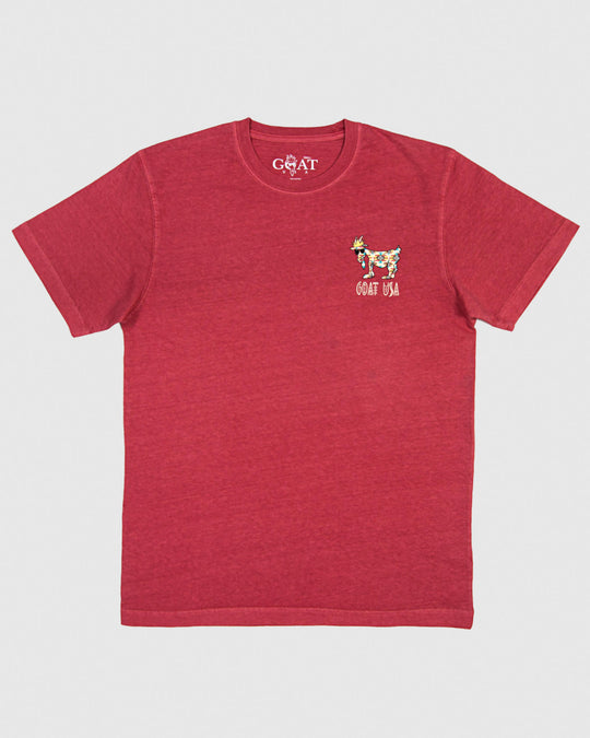 Frontside of crimson red shirt with sedona inspired goat on left chest