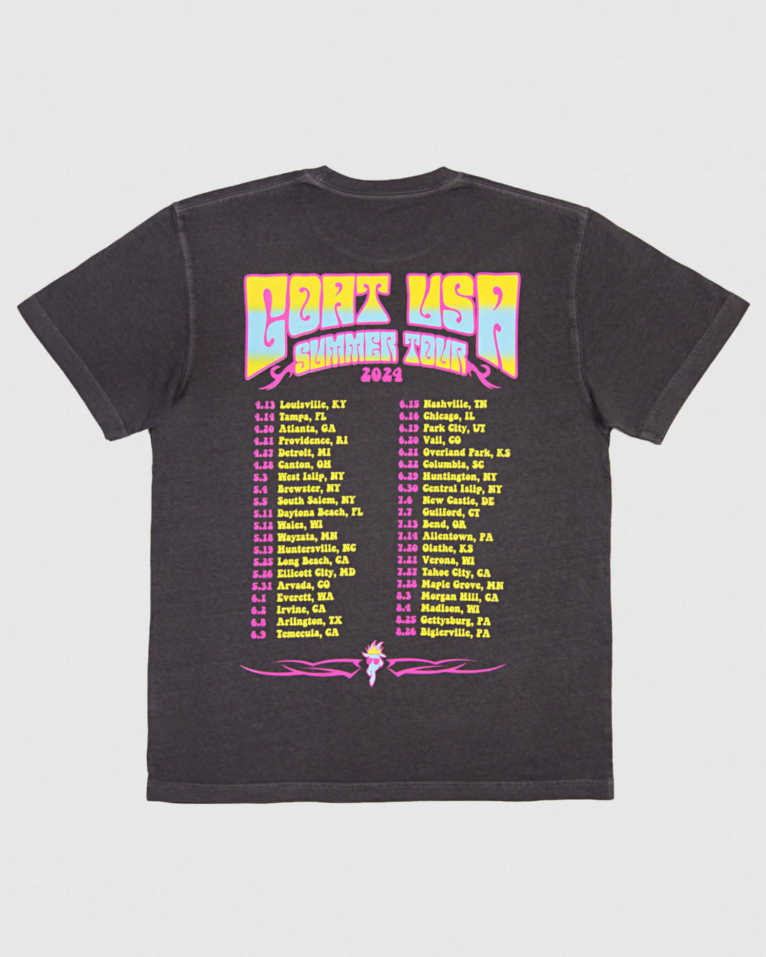Band style t-shirt with tour dates and locations