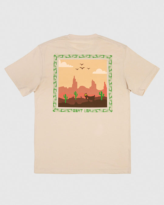 Sandshell-colored t-shirt with goat in a desert setting
