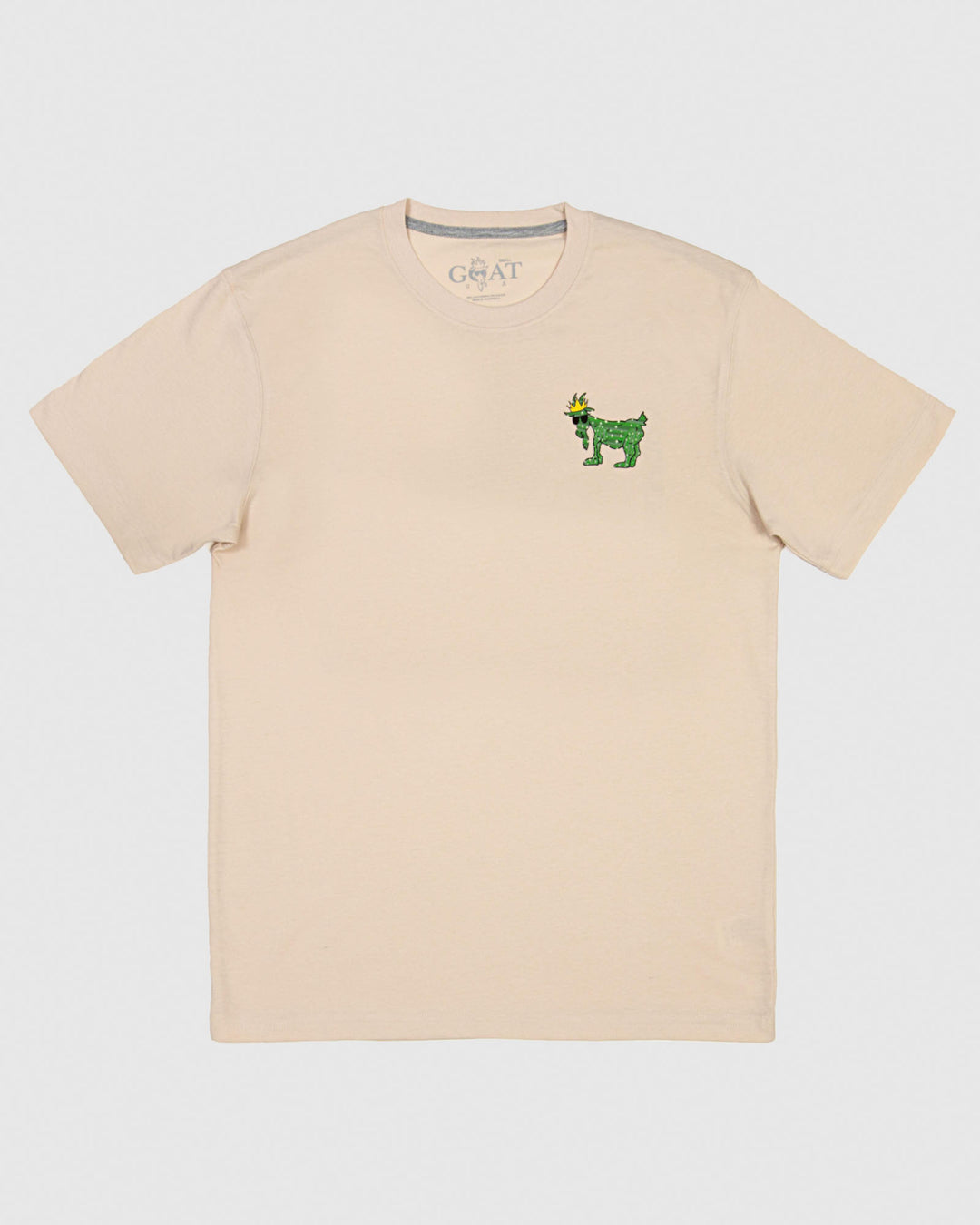 Front of sandshell-colored t-shirt with cactus goat design