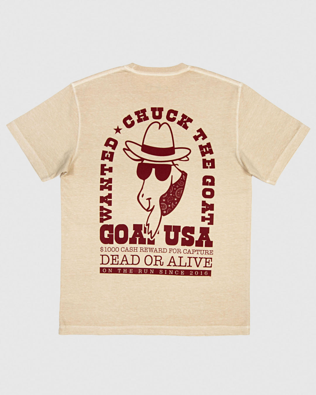 Sandshell-colored t-shirt with "wanted poster" style design with goat  as an outlaw 
