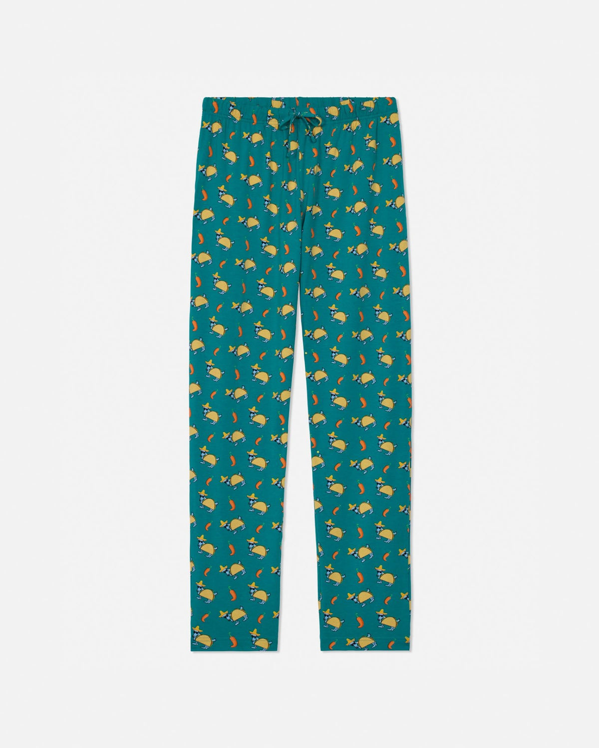 Teal pajama pants with taco pattern on a white background