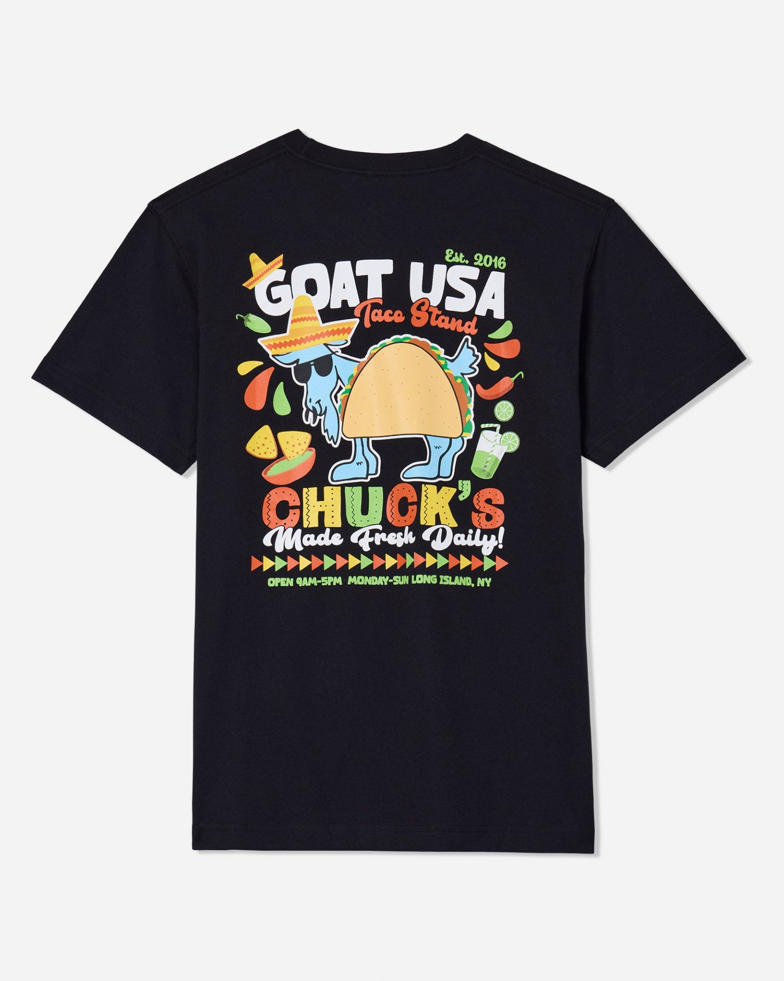 Back of black t-shirt with Chuck the taco GOAT design
