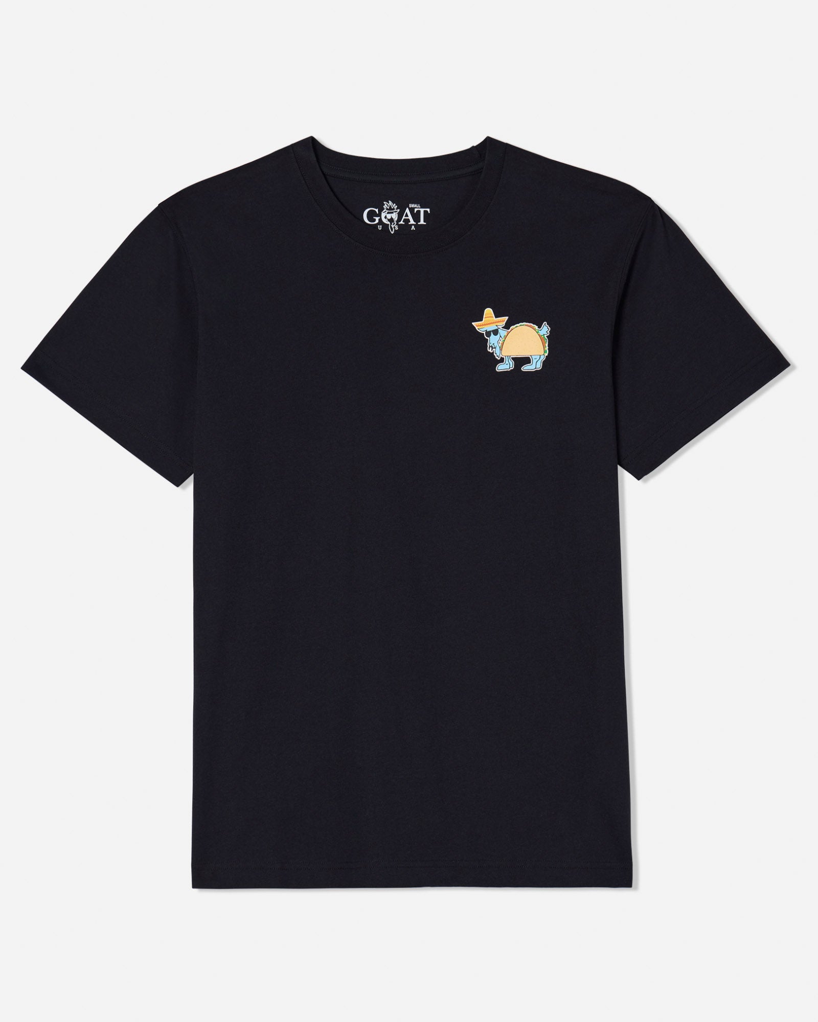 Front of black t-shirt with Chuck the taco GOAT left-chest logo