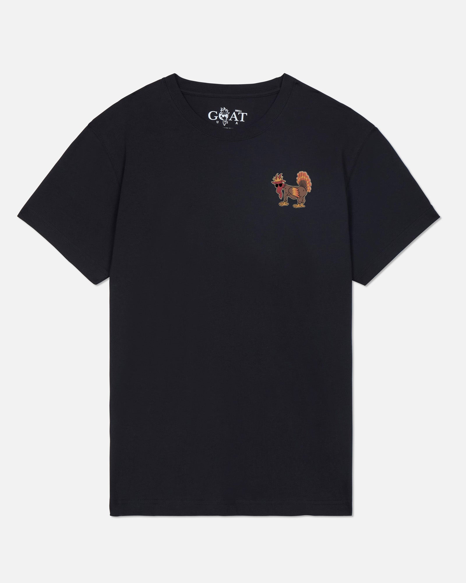 Black t-shirt with a small embroidered goat design on a white background