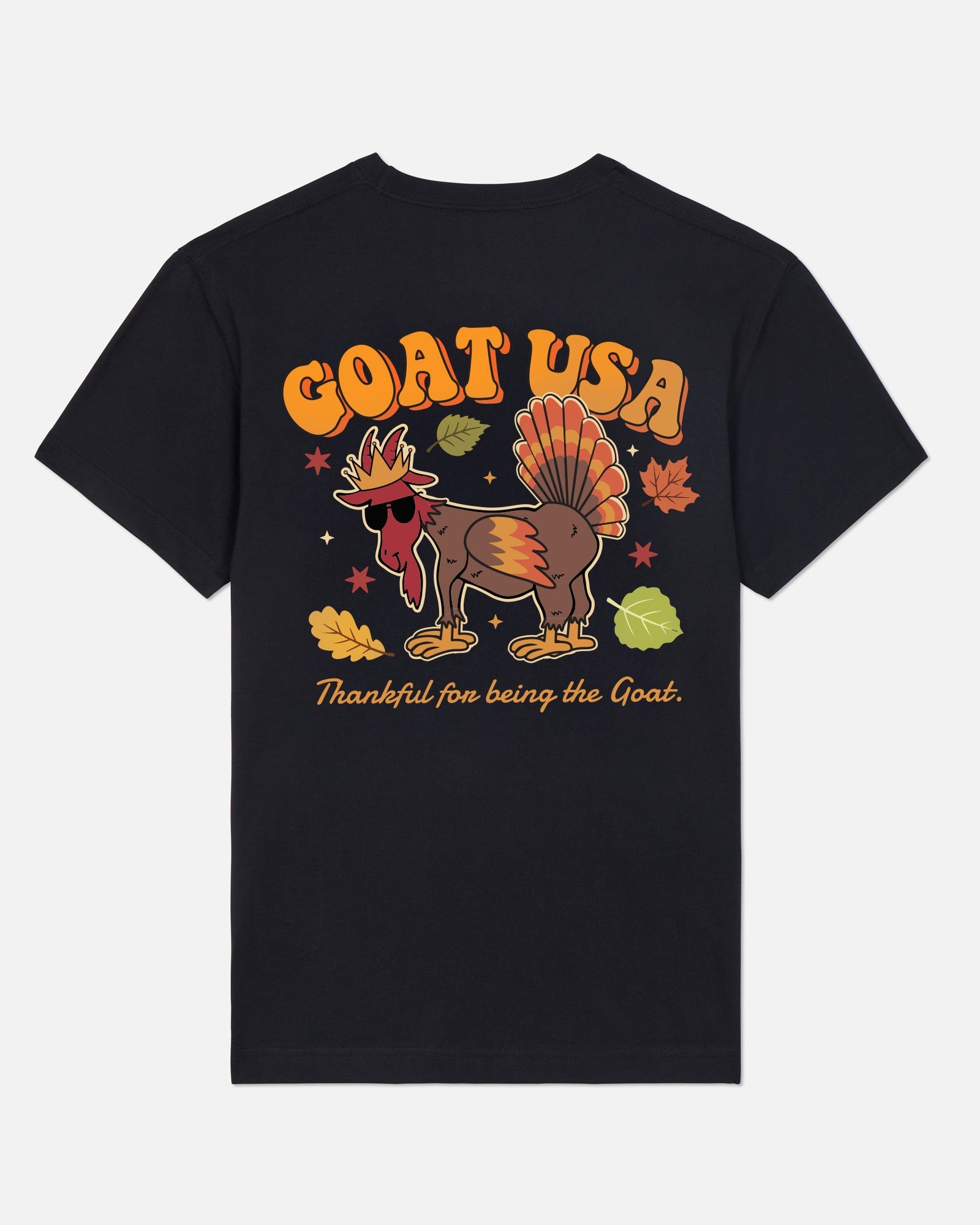 Black t-shirt with a graphic of a turkey and 'GOAT USA' text on a white background