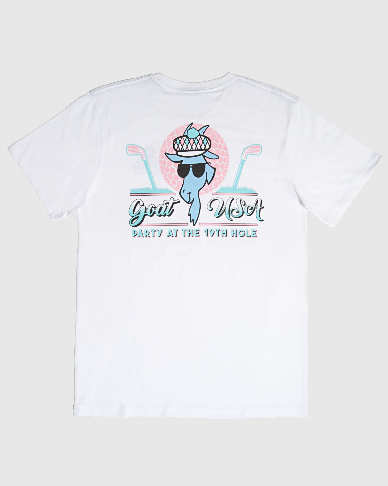 Back of white t-shirt with pink and blue golf design that reads 