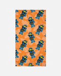 Patterned fabric with blue cartoon characters on an orange background