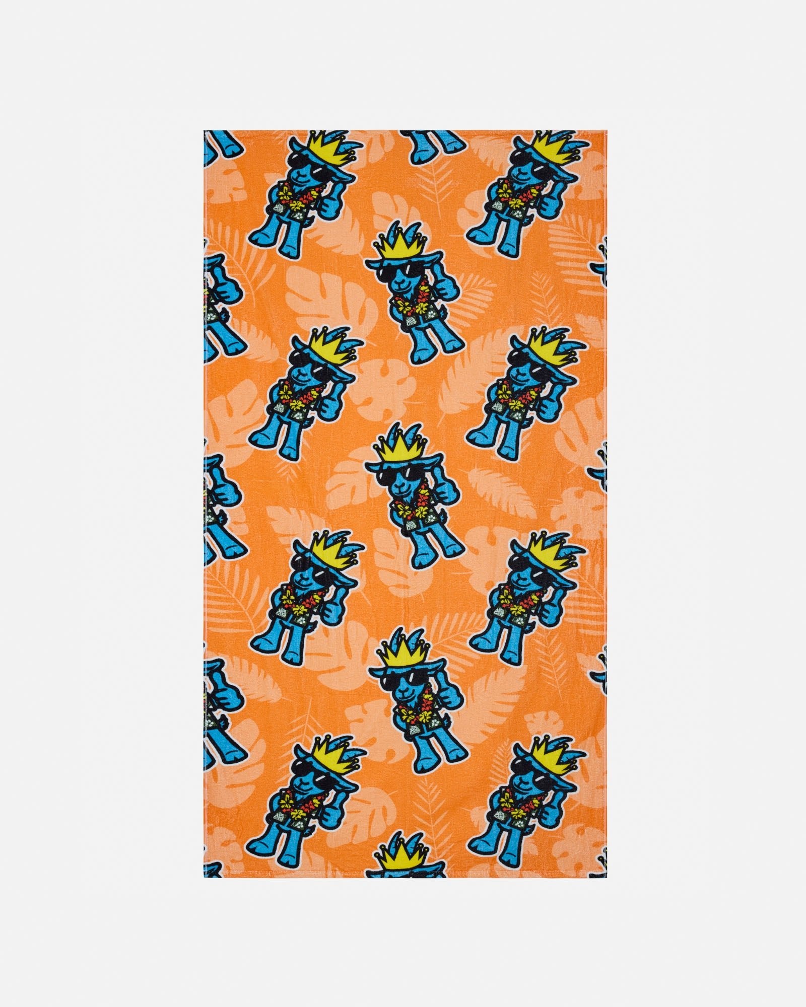 Patterned fabric with blue cartoon characters on an orange background
