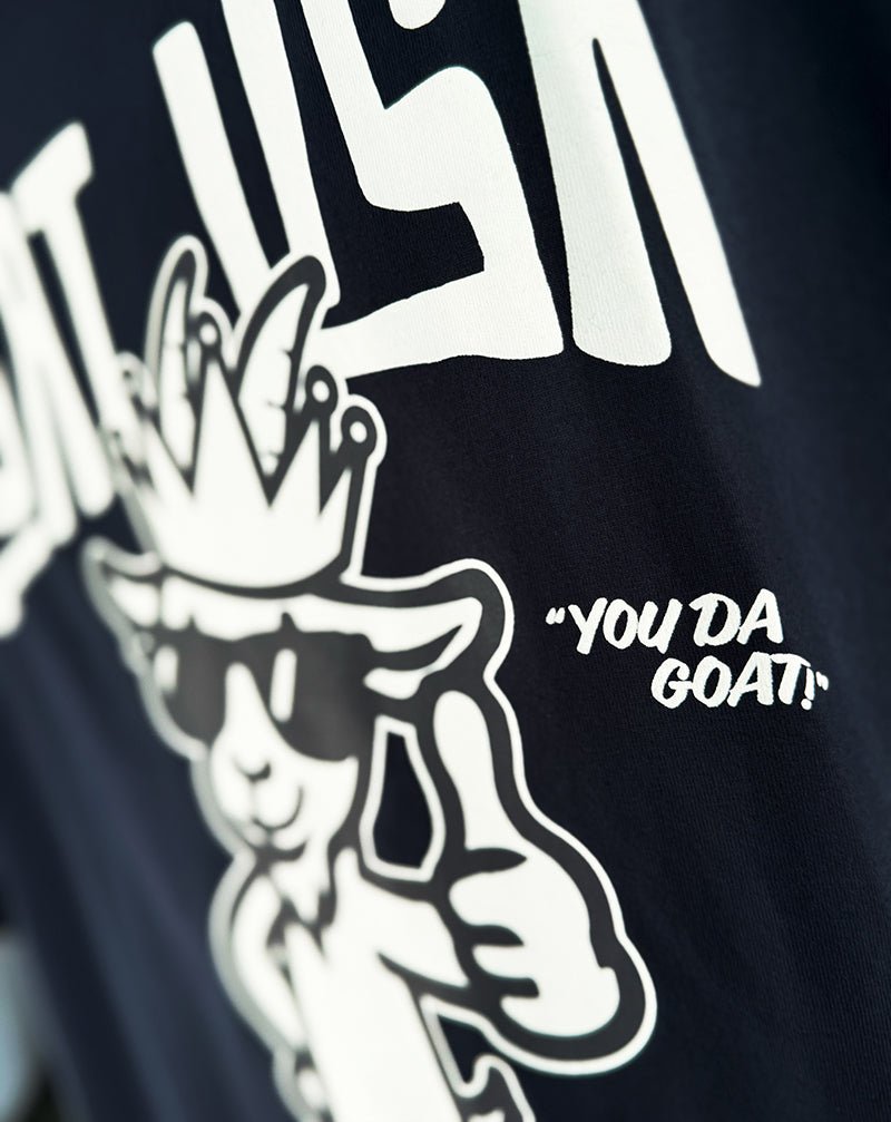 Navy t-shirt with white graphic design and text