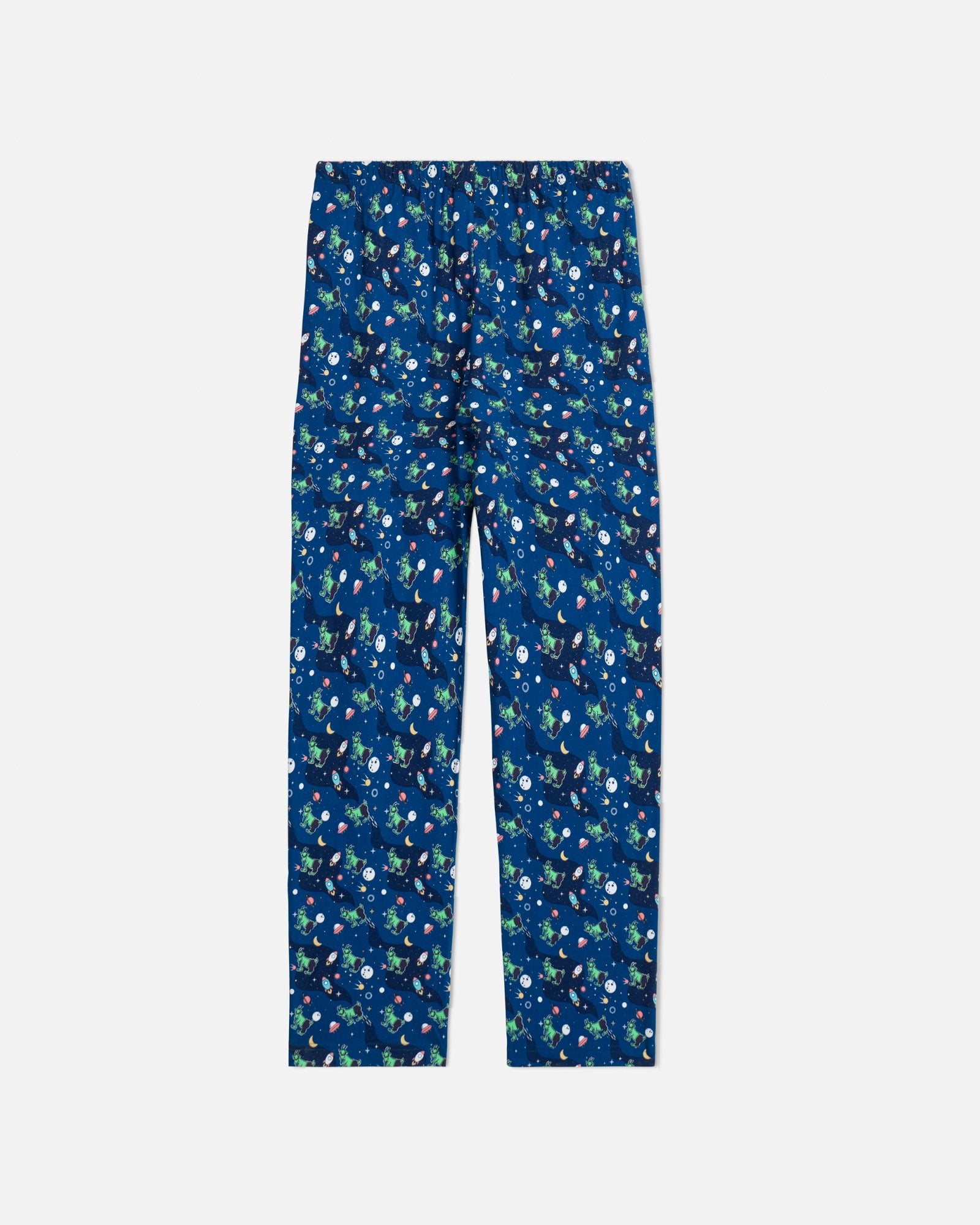 Back of navy pajama pants with space and alien goats pattern
