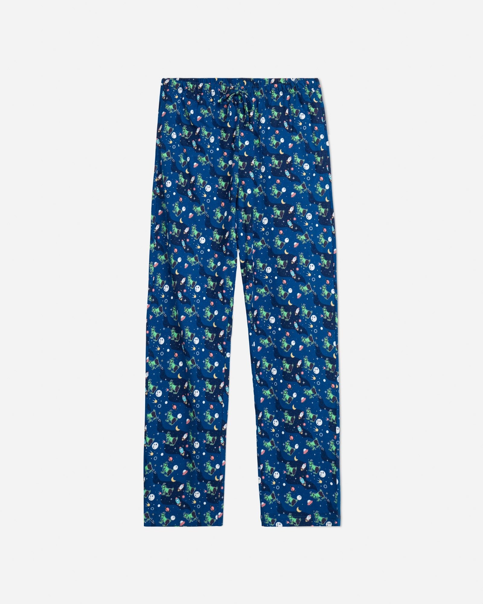 Front of navy pajama pants with space and alien goats pattern