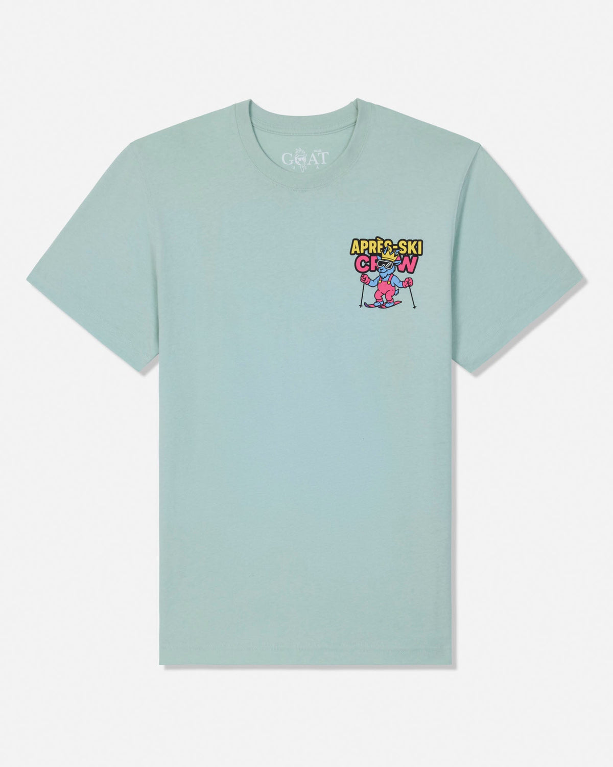 A light mint green short-sleeve t-shirt with a colorful graphic on the left chest reading 'AIPRE-SKI CREW' above a cartoon goat, displayed on a clean white background.