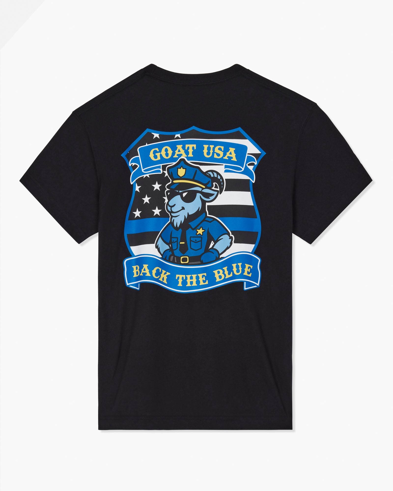 A black short-sleeve t-shirt shown from the back, featuring a large graphic print of a cartoon goat in a police uniform with the text 'GOAT USA BACK THE BLUE' on a light gray background.