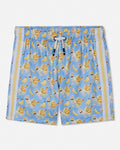 Light blue boxer briefs with an all-over print of cartoon goats eating bananas, featuring beige side stripes and a white drawstring.