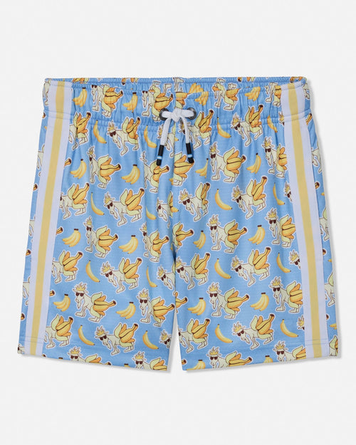 Light blue boxer briefs with an all-over print of cartoon goats eating bananas, featuring beige side stripes and a white drawstring.