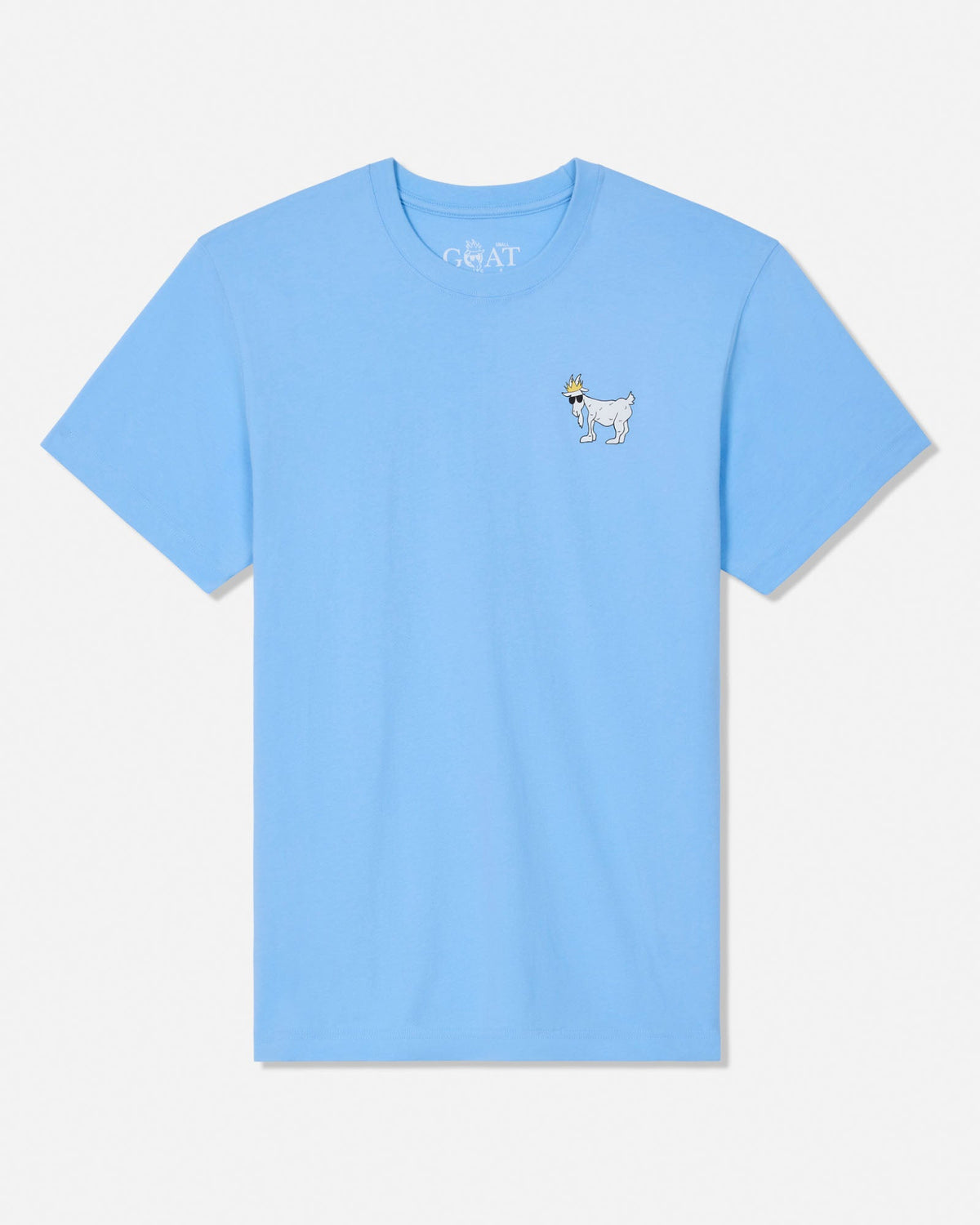 A light blue short-sleeve crewneck t-shirt with a small embroidered cartoon goat on the left chest, displayed flat against a light gray background.