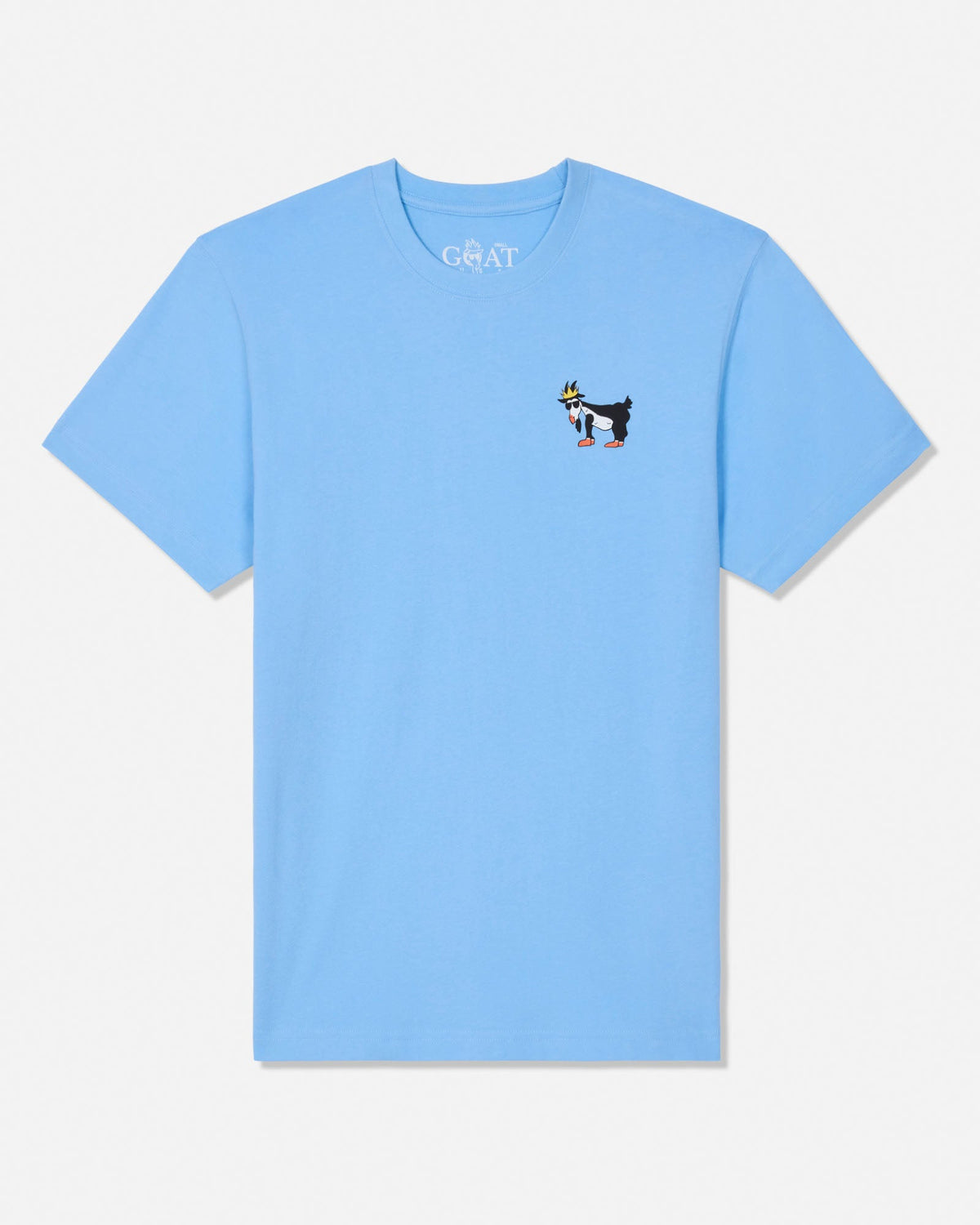 A light blue short-sleeve t-shirt with a small graphic of a goat on the left chest and the word 'GOAT' printed inside the collar, shown on a light gray background.