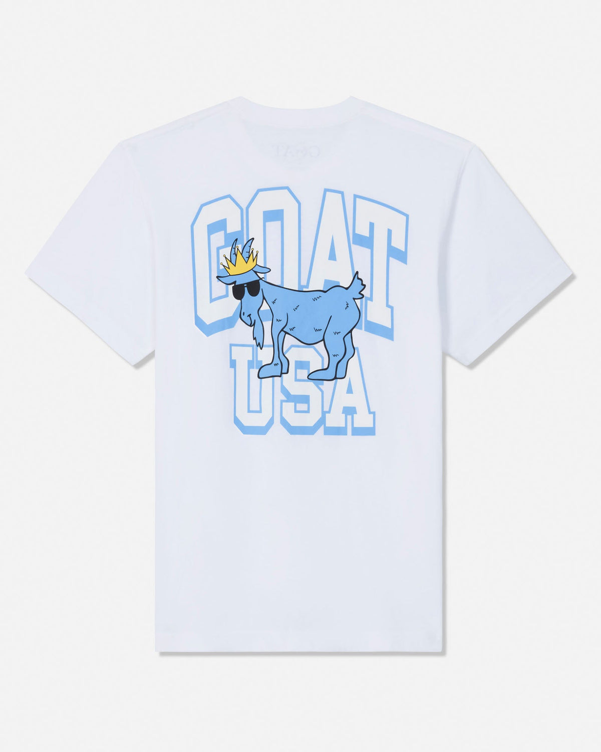 A white short-sleeve t-shirt with a graphic print on the front featuring a blue cartoon goat wearing sunglasses and a gold crown, set against large light blue and white block letters spelling 'GOAT USA'.