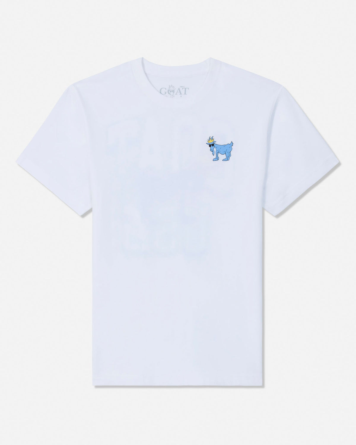 A white short-sleeve crewneck t-shirt featuring a small blue goat graphic on the left chest and a subtle light blue graphic print on the front, with 'GOAT' printed inside the collar.