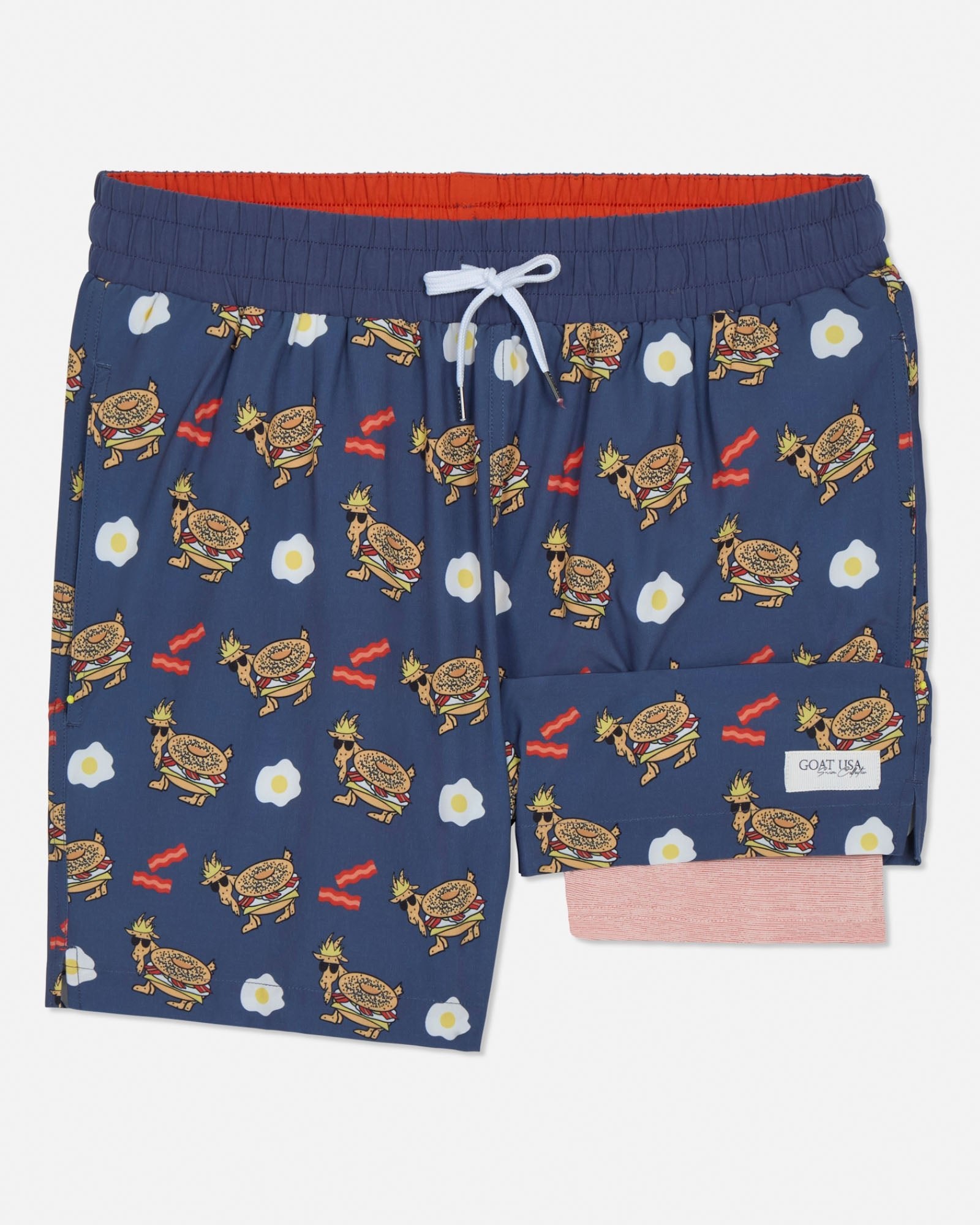 Navy shorts with food pattern on a white background