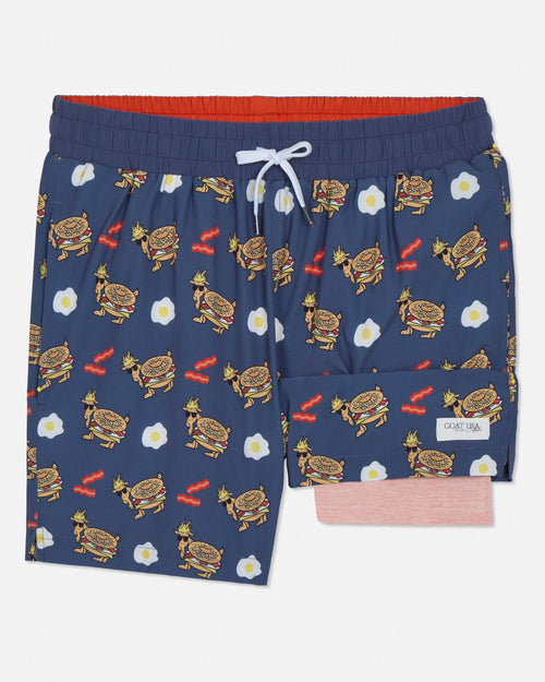 Navy shorts with food pattern on a white background