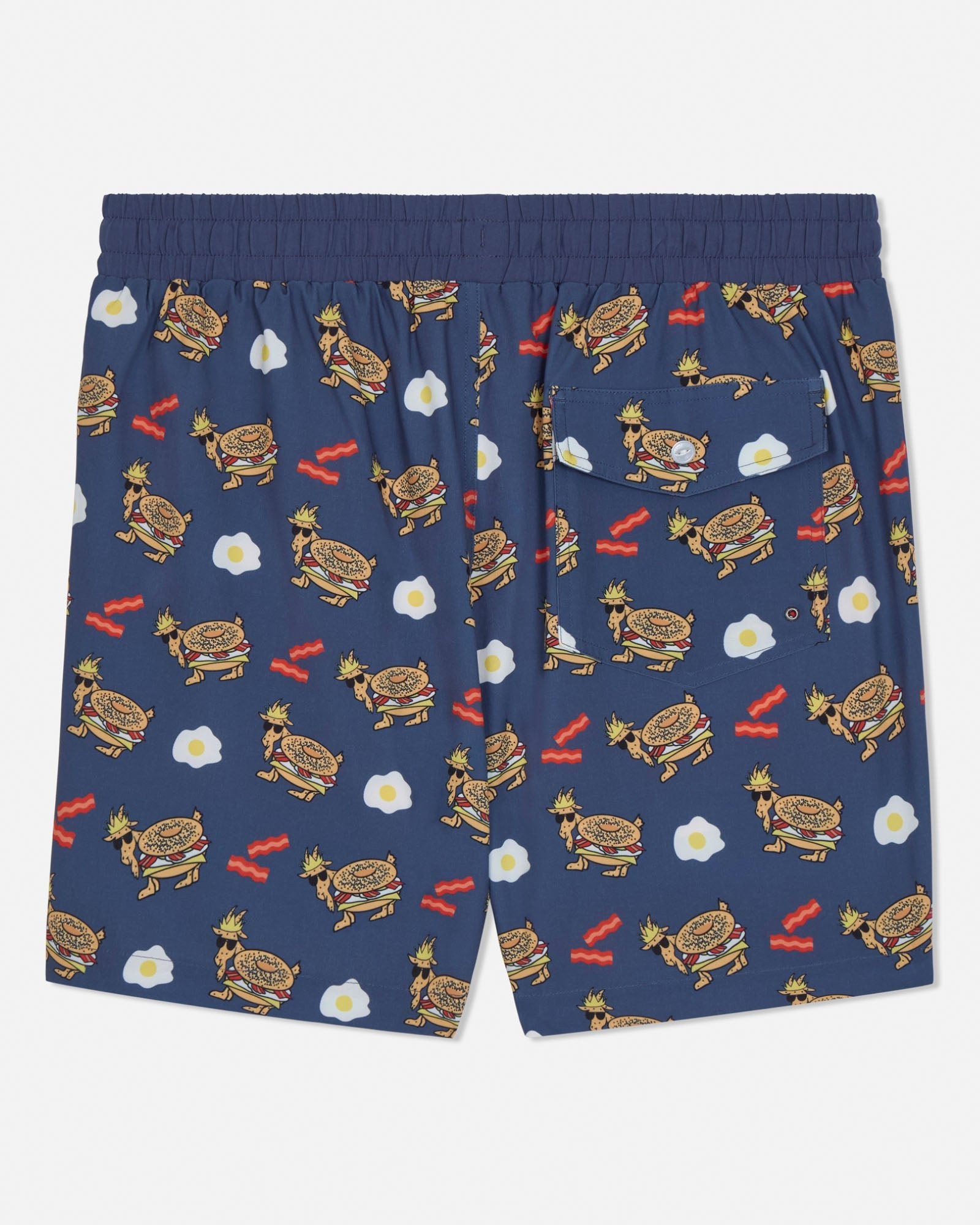 Navy shorts with a breakfast-themed pattern on a white background