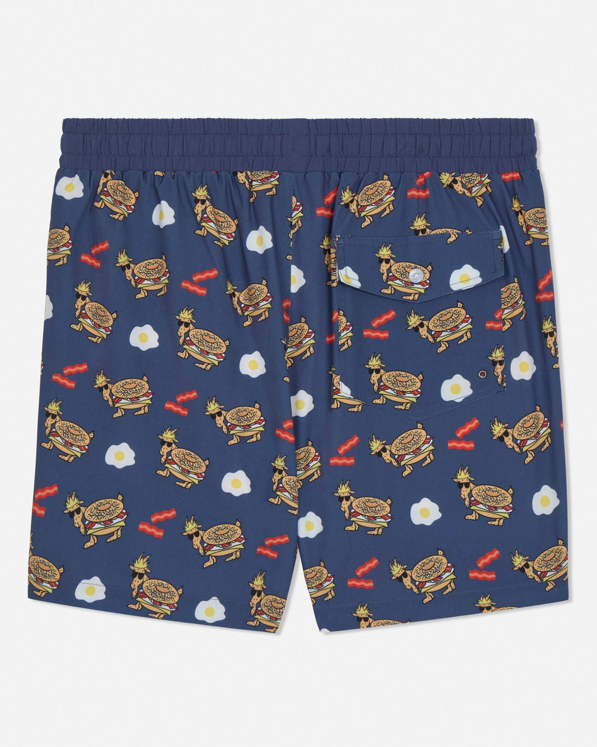 Navy shorts with a breakfast-themed pattern on a white background