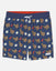 Navy shorts with breakfast-themed pattern on a white background