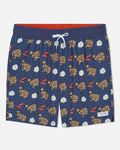 Navy shorts with breakfast-themed pattern on a white background