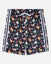 Black shorts with a colorful cartoon animal print, featuring white side stripes and a white drawstring.