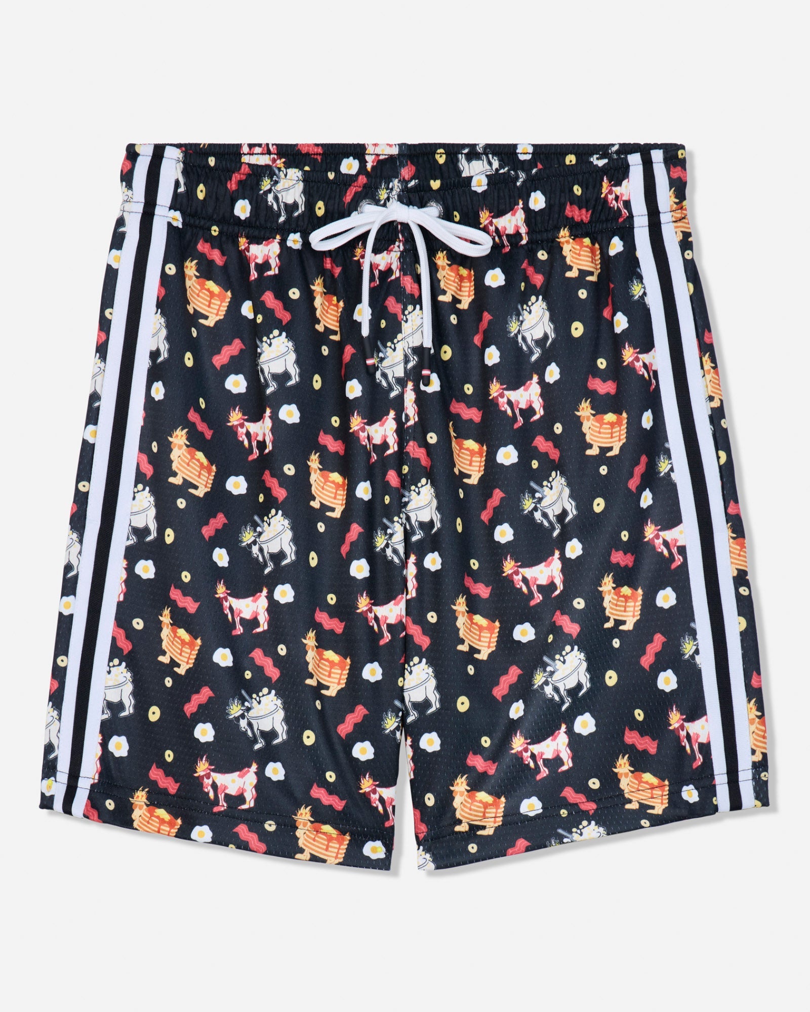 Black shorts with a colorful cartoon animal print, featuring white side stripes and a white drawstring.