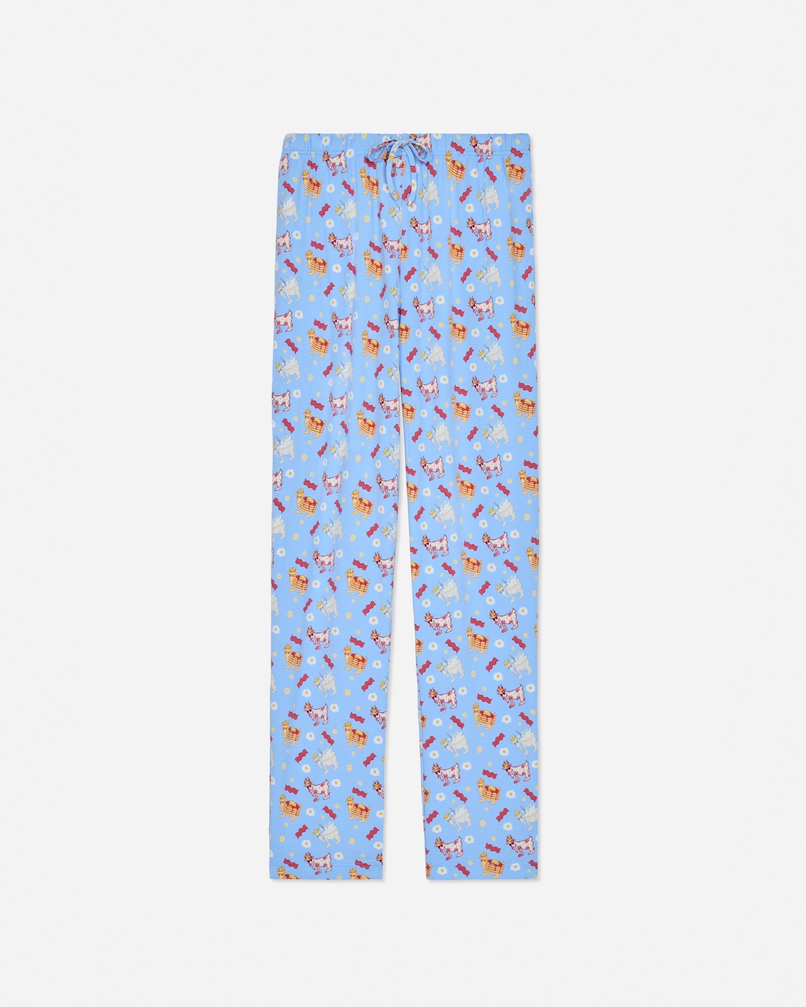 Front of carolina blue pajama pants with breakfast designs