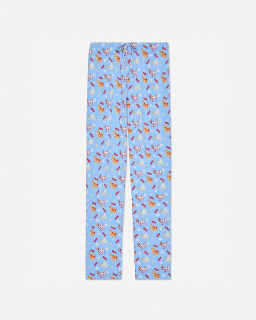 Front of carolina blue pajama pants with breakfast designs