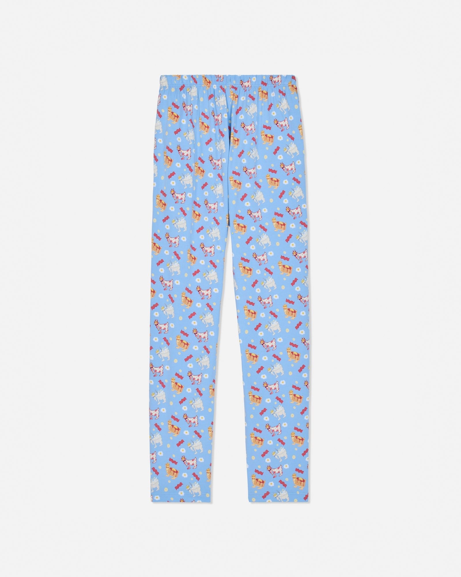 Back of carolina blue pajama pants with breakfast designs