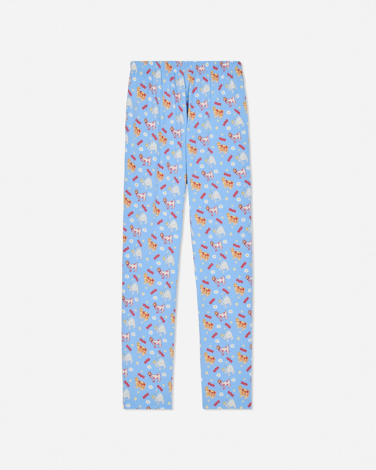 Back of carolina blue pajama pants with breakfast designs