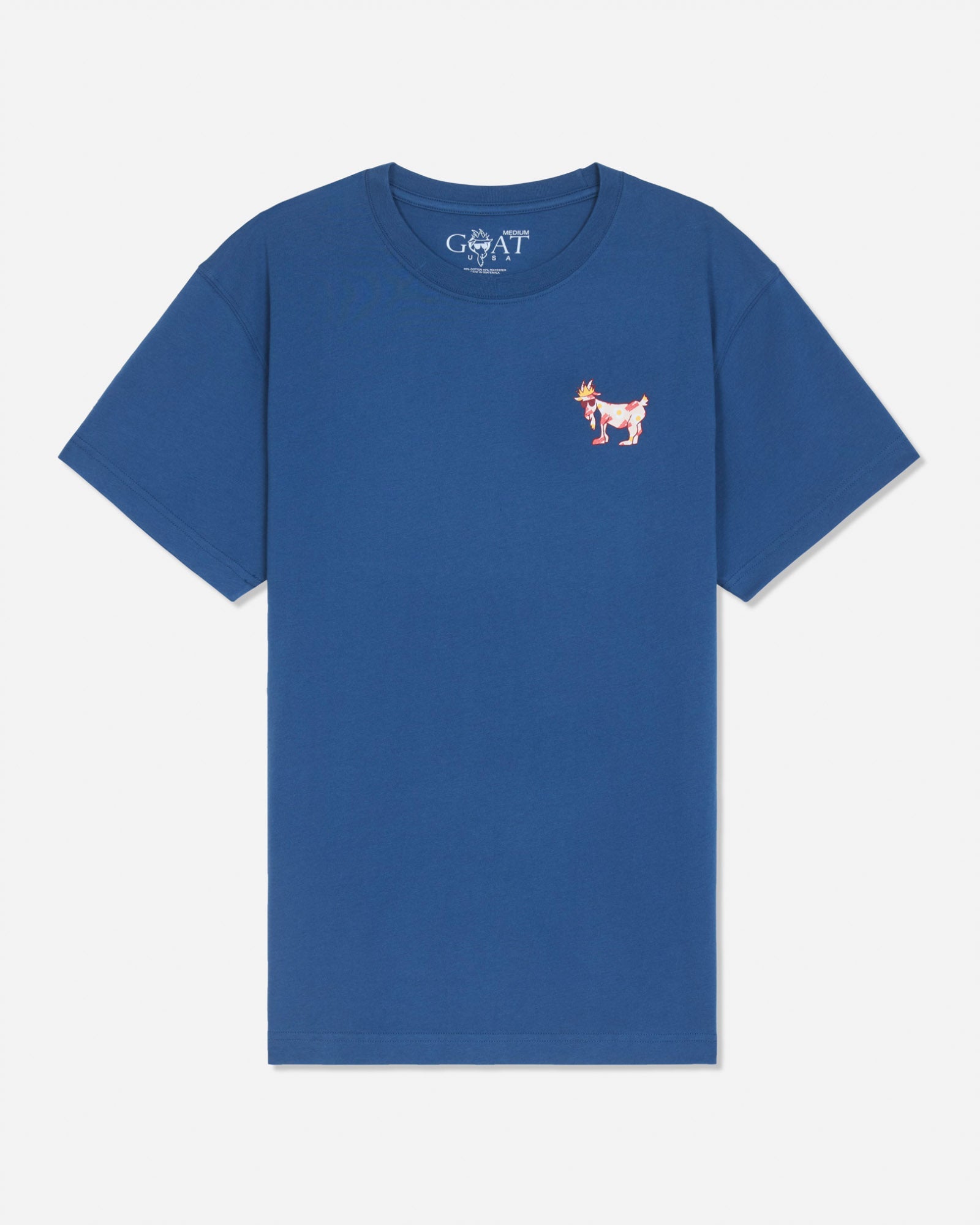 Front of blue t-shirt with bacon and eggs left-chest graphic