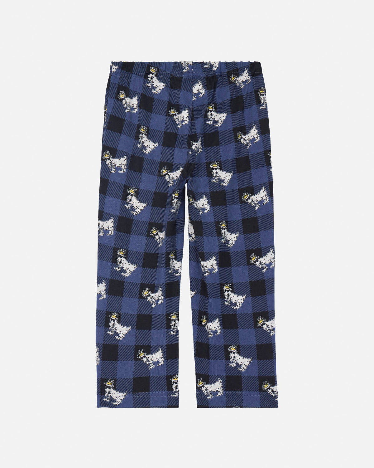 Blue and black buffalo plaid pajama pants featuring a repeating pattern of white and black goat illustrations, displayed flat against a light gray background.