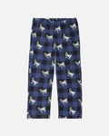 Blue and black buffalo plaid pajama pants featuring an all-over print of small white and black goat illustrations, shown flat against a light gray background.
