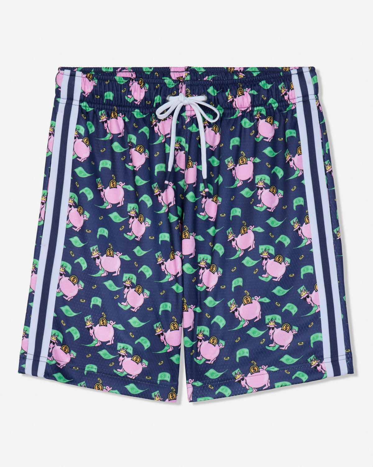 Navy mesh shorts with money and piggy bank design