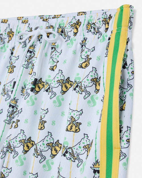 Pants with cartoon goat pattern and colorful stripes on a white background