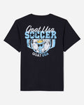 Back of black t-shirt with soccer design that reads "GOAT USA SOCCER"